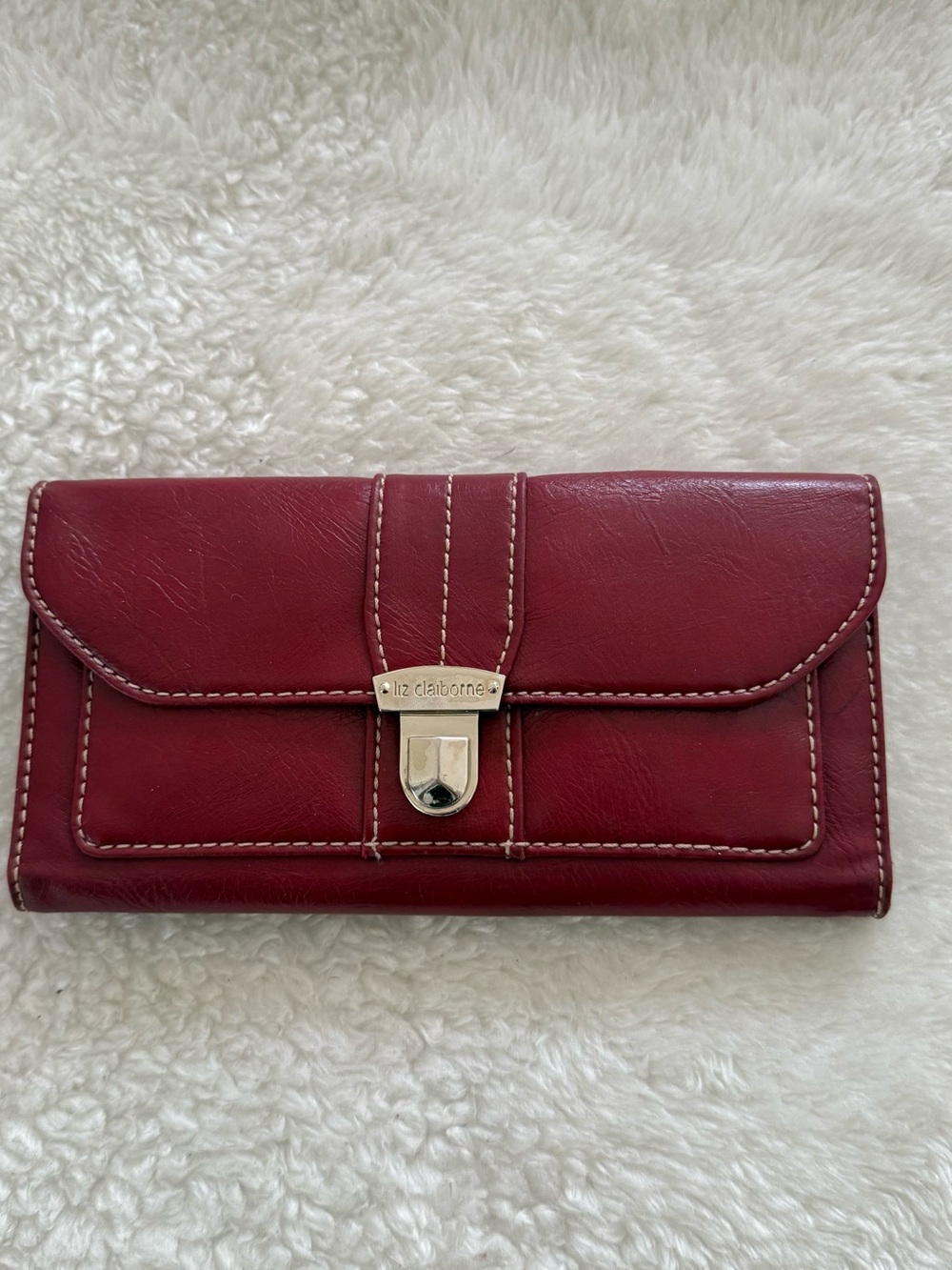 Vintage Liz Claiborne Tri Fold Red Wallet ID slot Cards Cash Coin Zip Snaps